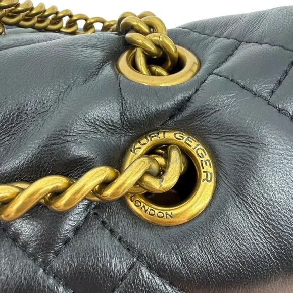 Kurt Geiger XXL Kensington Black Quilted Leather Eagle Gold Chain Shoulder Bag - Picture 11 of 16